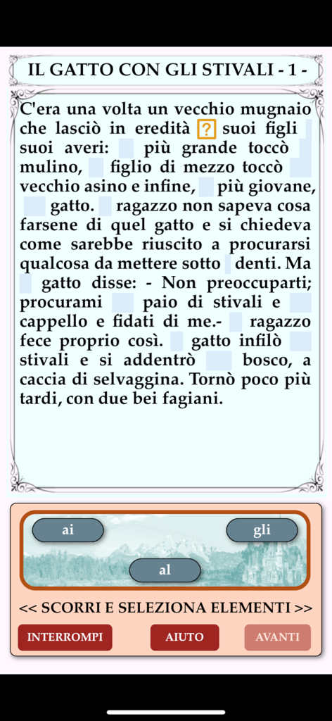 Quante Storie! - Pantalla de aprendizaje del idioma italiano con un texto de cuento de hadas y un ejercicio de completar espacios en blanco de gramática