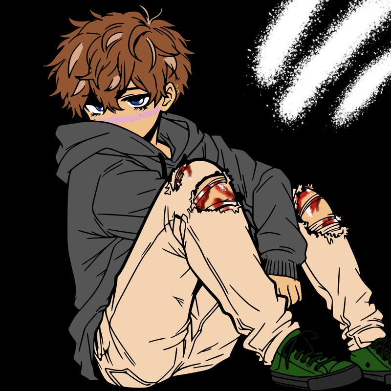 a male hoddie ripped jeans messy hair anime