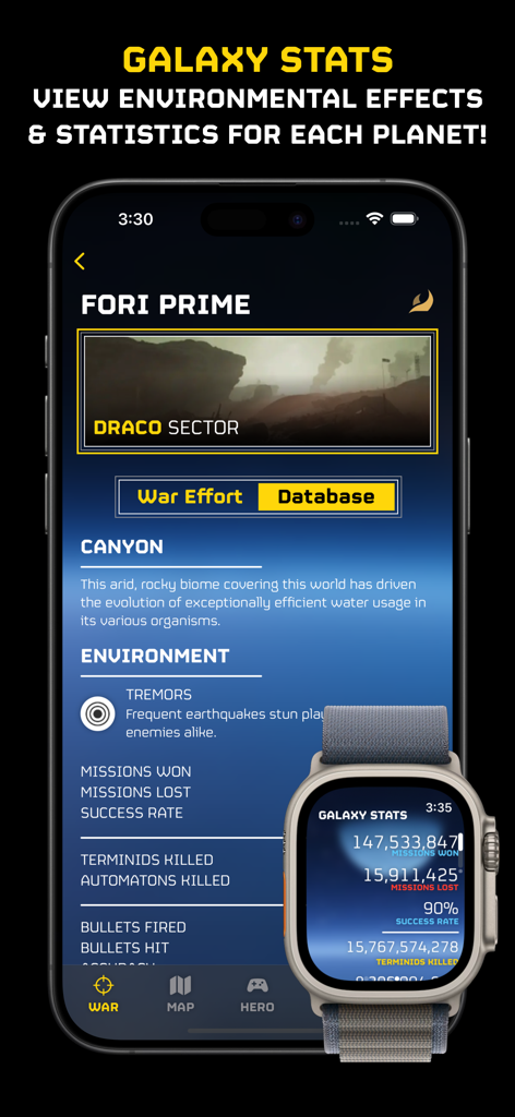 War Monitor for Helldivers 2 - iPhoneとApple WatchのHelldivers 2 ウォーモニターアプリでの銀河統計と惑星環境の詳細