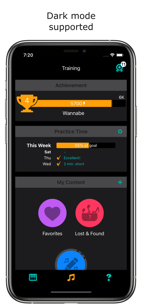 Dashboard de treinamento do Erol Singers Studio em modo escuro mostrando conquistas e progresso de tempo de prática
