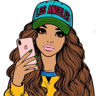 realistic beautiful girl wearing los ángeles cap holding an iphone