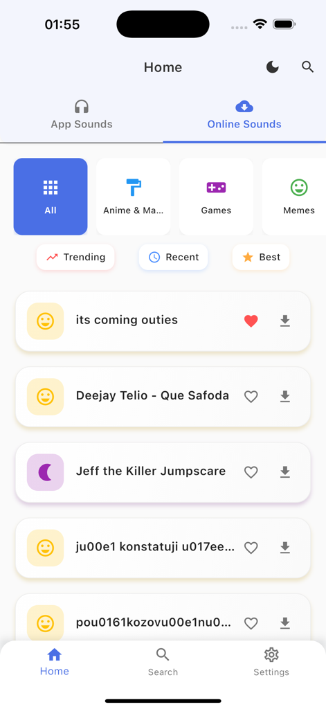 Troll Sounds - Troll Sounds app interface showing a list of online prank sounds with categories like games and memes
