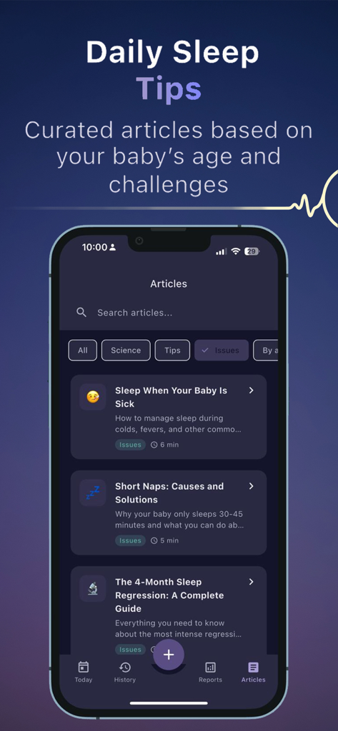 Nana: Baby Sleep Coach - Interface of Nana baby sleep coach app showing curated articles and daily sleep tips for parents.
