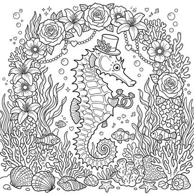 Dive into a charming underwater romance with this delightful thorny seahorse wedding coloring page. Perfect for celebrating love and creativity, it promises hours of intricate and engaging coloring fun.