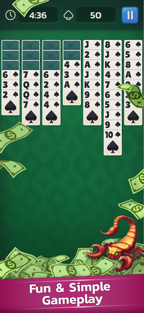 Scorpion Solitaire Skillz Game - Pantalla de juego de Scorpion Solitaire Skillz que muestra pilas de cartas y un tema de recompensas en efectivo