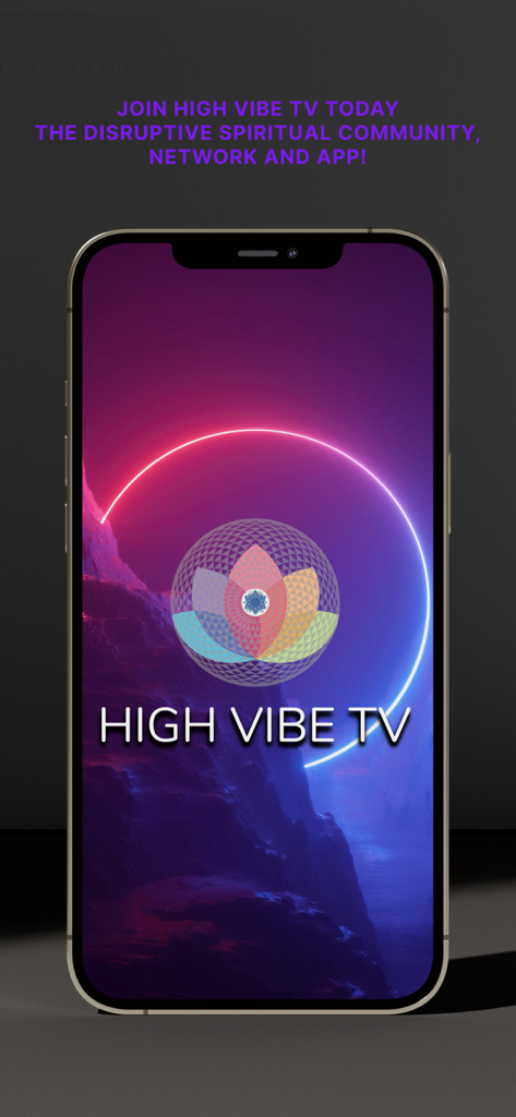 High Vibe TV Spiritual Network - High Vibe TV spiritual network app splash screen on a smartphone with a colorful lotus logo