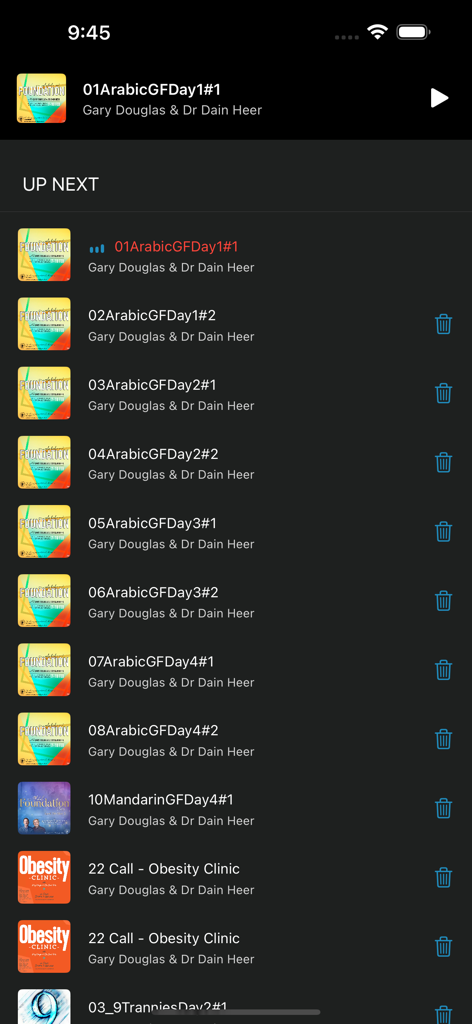 A mobile app screen showing a queue of audio classes from Access Consciousness featuring Gary Douglas and Dr Dain Heer