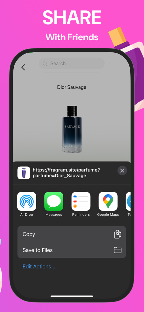 Fragram • Perfume Finder - Fragram app sharing interface showing a Dior Sauvage perfume with iOS share options like Messages and AirDrop