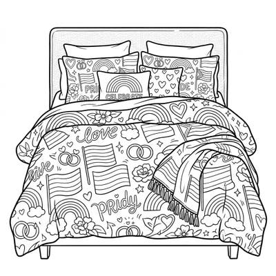 Snuggle into creativity with this vibrant Pride-themed bedding coloring page. It's packed with rainbows, flags, and symbols of love, perfect for celebrating diversity.