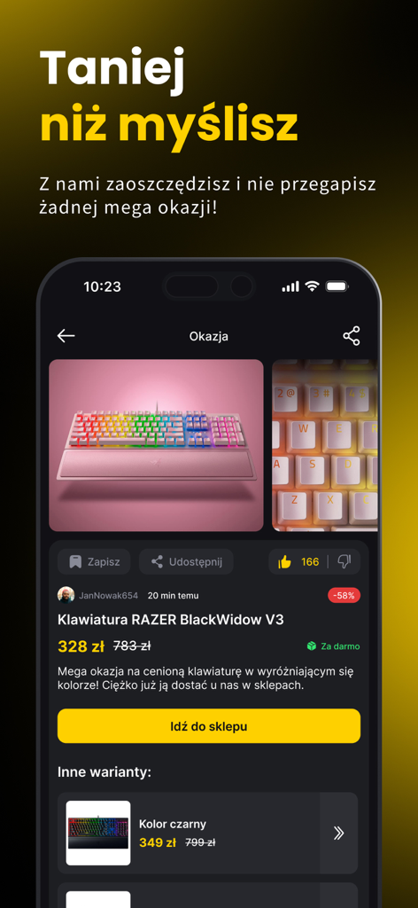 Dealsy - Promocje, Okazje - Application mobile Dealsy montrant une réduction de 58 % sur un clavier de jeu Razer