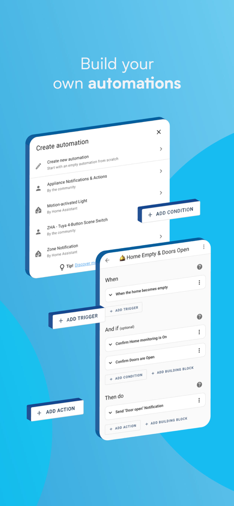 Interface para construir automações de casa inteligente personalizadas com gatilhos e ações no aplicativo Home Assistant.