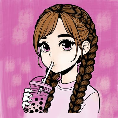 realistic girl with braided hair drinking boba