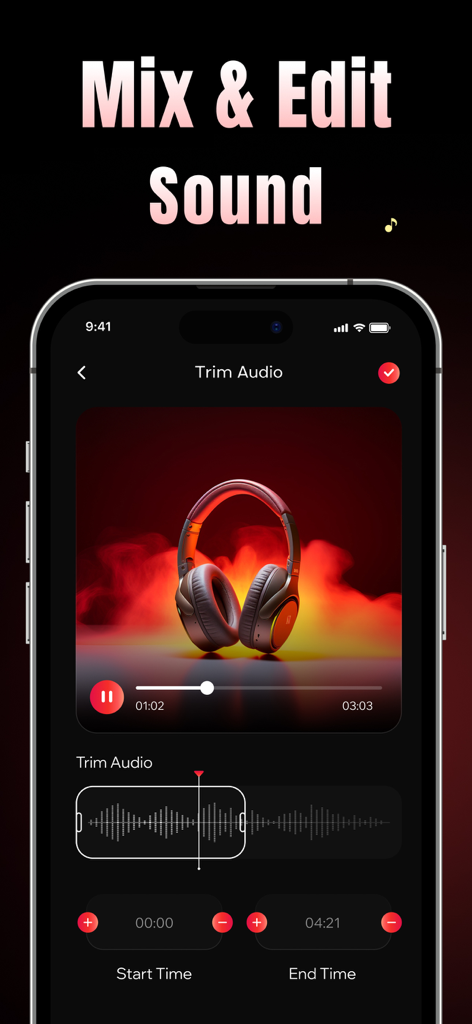 Interface of the AI Rap Song Maker app showing the trim audio tool with waveform and time controls