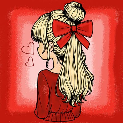 realistic girl  with hip length hair a bun and a big bow on the back of head
