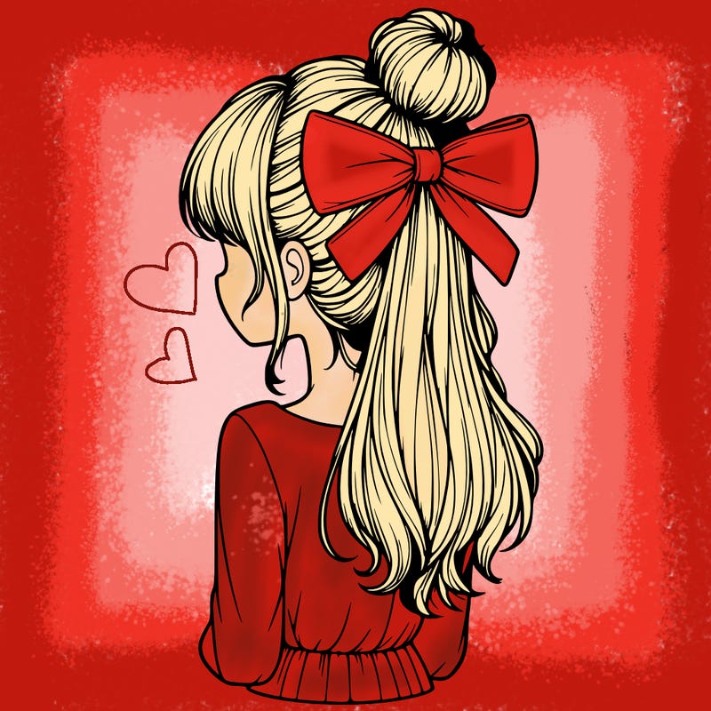 realistic girl  with hip length hair a bun and a big bow on the back of head