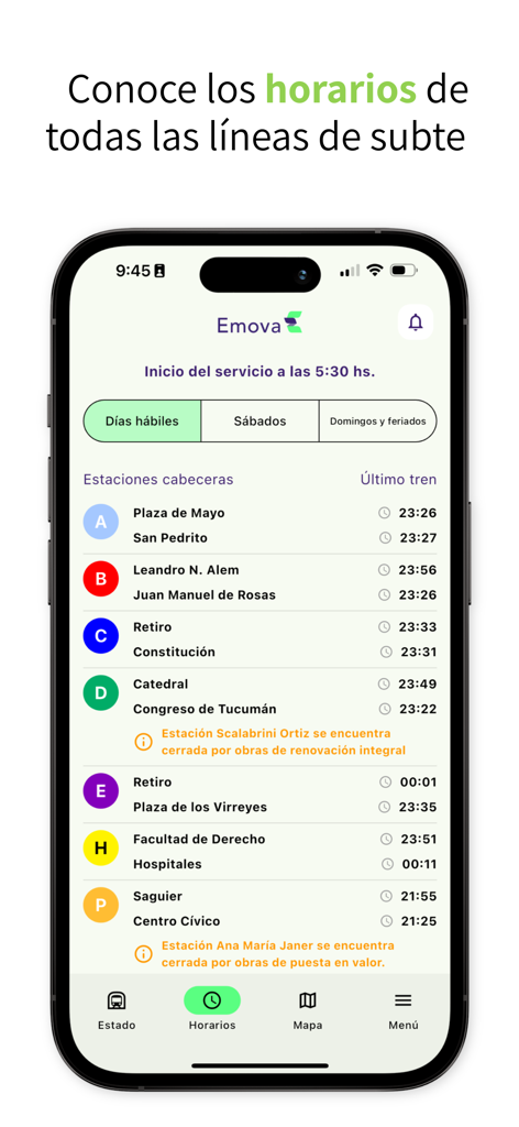 Emova - Emova mobile app interface displaying subway line schedules and last train times in Spanish