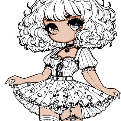female with an hourglass waist,short fluffy and curly hair and sweet soft eyes with fluffy lashes, and a soft smile with lipstick,wearing a ruffled corset a cute short kawaii overall skirt with a hello kitty pattern and mismatch heart and stripe socks and doll platform shoes