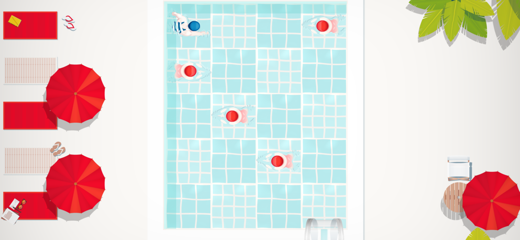 Minimalist top-down view of a swimming pool level with red umbrellas and swimmers in Swim Out