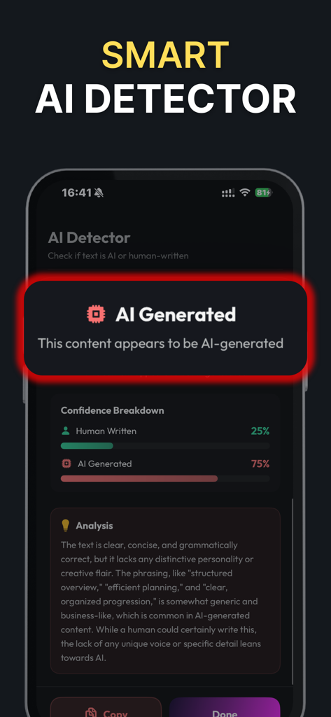 Clever AI Humanizer - HumanGPT - Pantalla del Detector de IA Inteligente en la aplicación HumanGPT que muestra un puntaje de confianza de generación de IA del 75 por ciento y análisis de texto detallado.