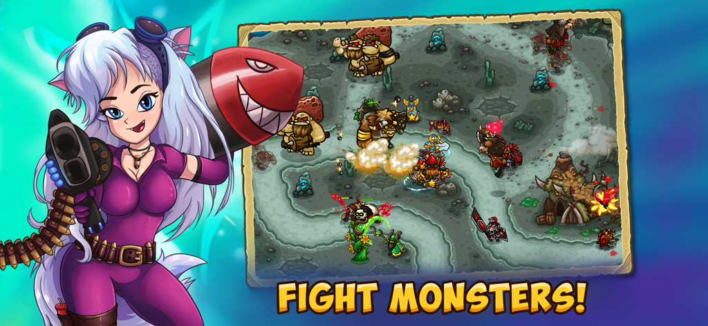 Una captura de pantalla del juego de Booblyc TD mostrando torres defendiendo un camino contra orcos y monstruos con una ilustración de personaje de anime.