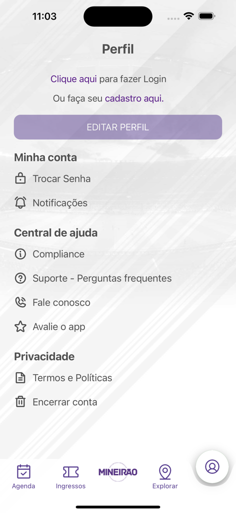 App Mineirão - User profile screen of the Mineirao stadium app displaying account settings help center and privacy options