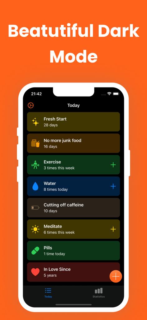 Day Counter & Tracker - Since - 習慣の連続記録とイベントカウンターが表示された、ダークモードの日数カウンター＆トラッカーアプリのインターフェース。