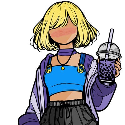 realistic facless girl wearing a crop top and wearing baggy pants drinking boba in her hands