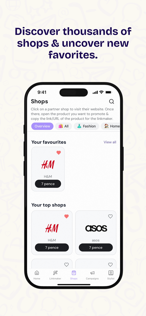 stylink – your creator tool - Der stylink App-Bildschirm zeigt ein Verzeichnis von Partnergeschäften wie H&M und ASOS, damit Influencer Affiliate-Links erstellen und Provisionen verdienen können.