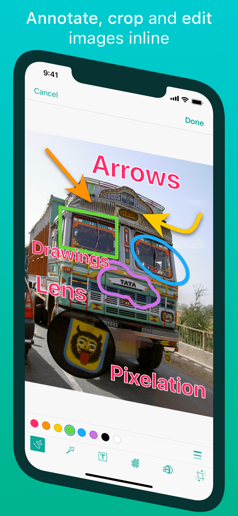 Linky app screenshot showing inline image annotation and markup tools