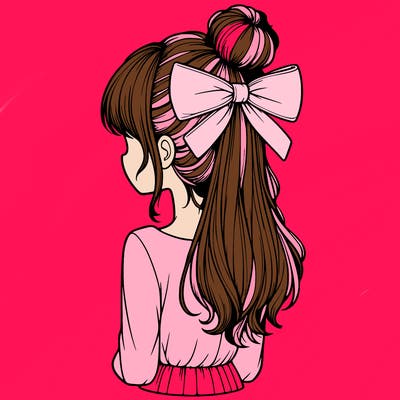 realistic girl  with hip length hair a bun and a big bow on the back of head