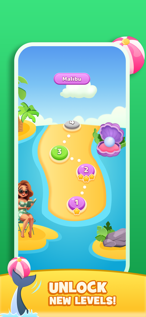 Mapa de progresión de niveles del juego que muestra una temática de playa tropical en Malibú para Tile Tap Master