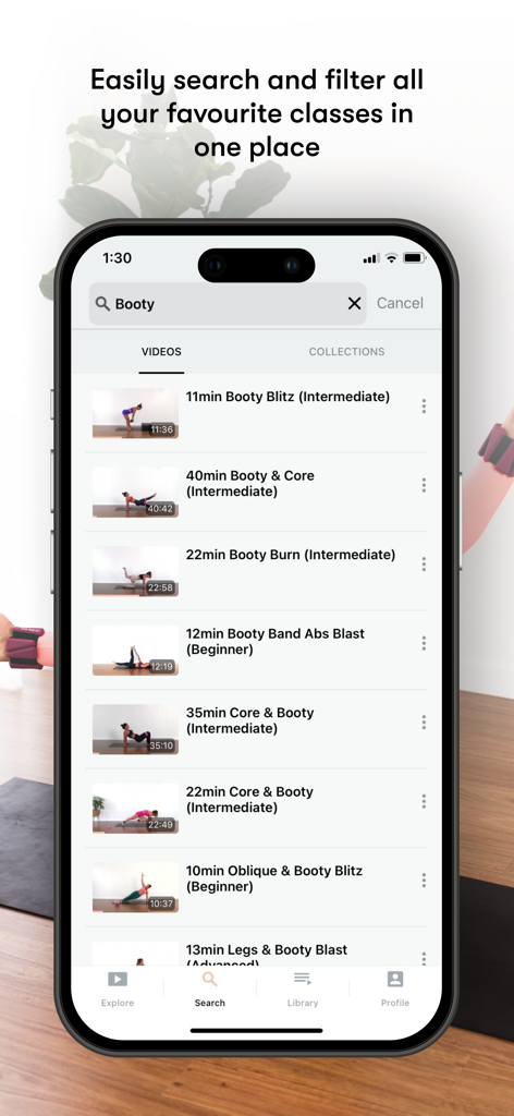Pilates Project - Resultados de búsqueda y filtros para clases de entrenamiento en la aplicación Pilates Project
