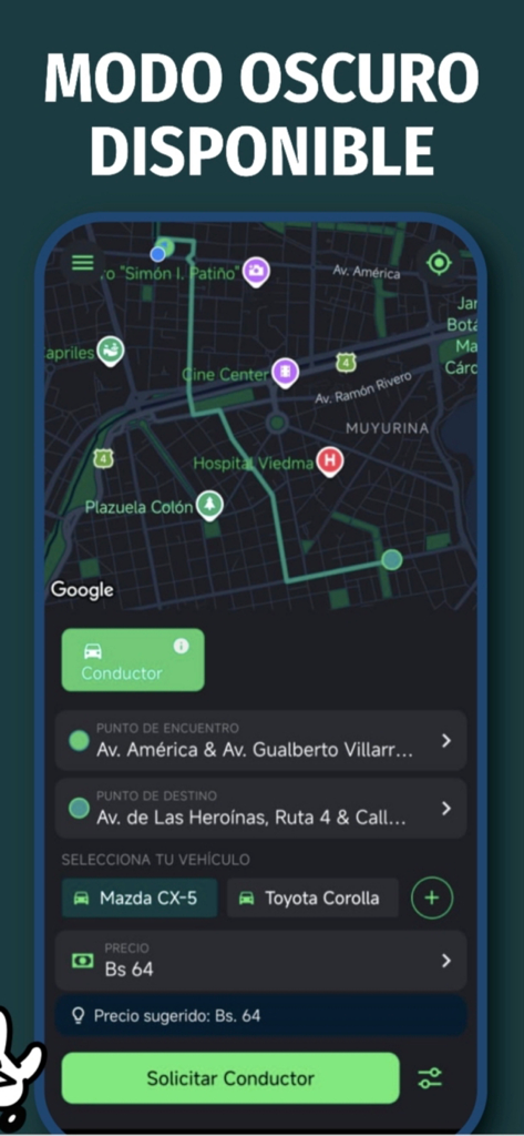 CareDriver - Pide un Conductor - CareDriver app interface in dark mode showing a map route and options to request a designated driver for your own car