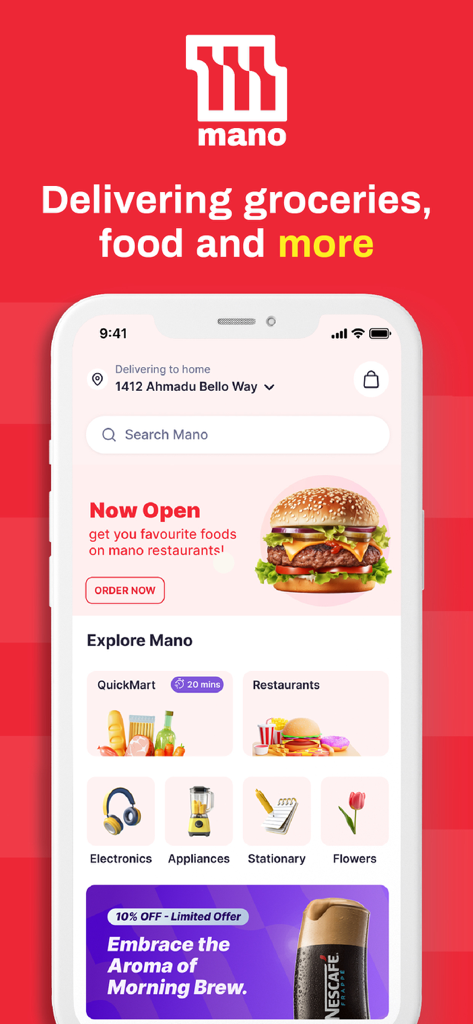 MANO food & products delivery - Pantalla de inicio de la aplicación móvil Mano que muestra opciones de entrega de comestibles, comida y estilo de vida