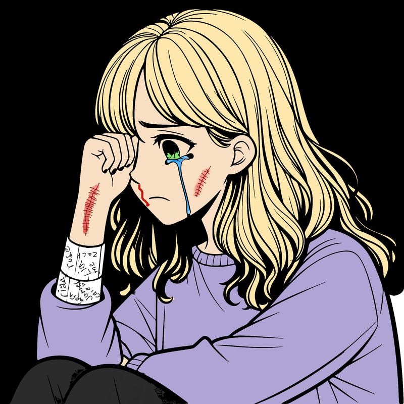 realistic girl crying in a corner