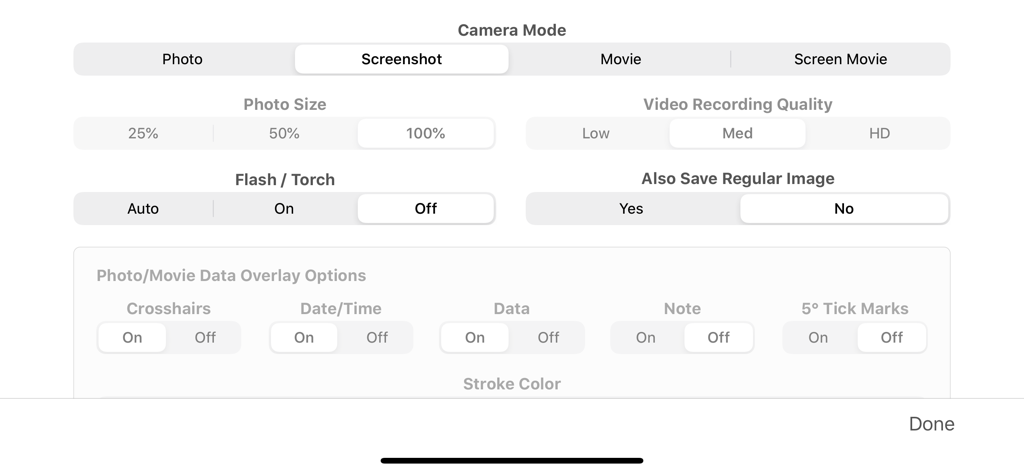 Theodolite - Camera mode and data overlay configuration screen in the Theodolite app settings