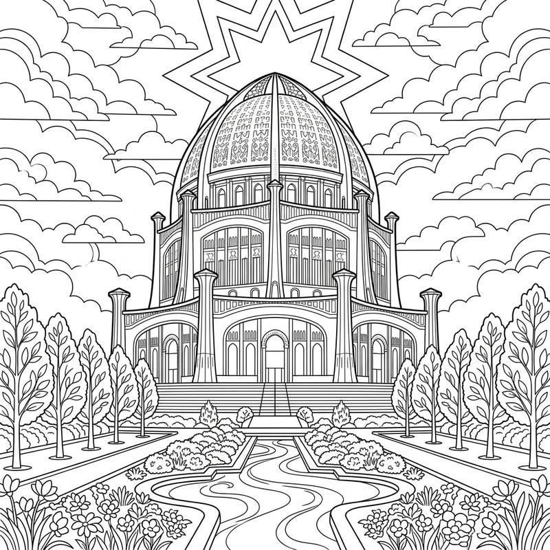 Immerse yourself in the serene beauty of a Baha'i House of Worship with this exquisite coloring page. Its intricate details and peaceful setting offer a wonderful opportunity for creative expression and mindful relaxation.