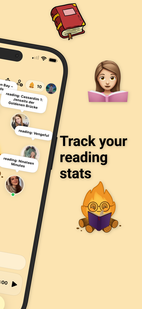 Interface of the BookBuds app showing a social feed of friends reading books and a cozy bonfire character