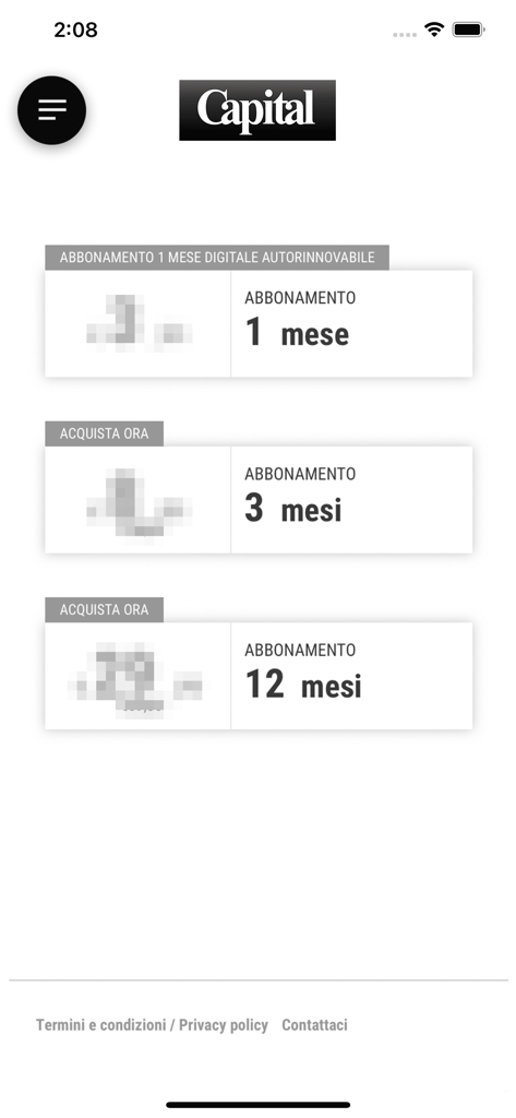 Écran de sélection d'abonnement pour l'application Capital Magazine proposant des formules d'abonnement de un, trois et douze mois.