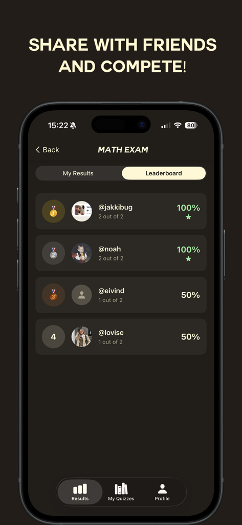 StudyNow! - AI Quiz Maker - Bestenlisten-Bildschirm in der StudyNow-App, der Prüfungsergebnisse und Studentenranglisten für ein Mathe-Quiz anzeigt.