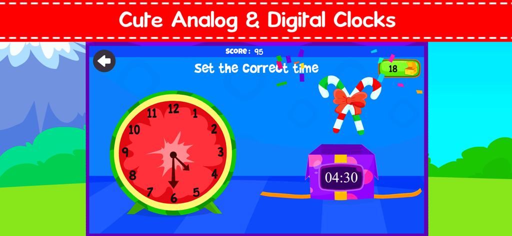 Kids educational game screen showing a watermelon analog clock and a digital clock both set to four thirty.