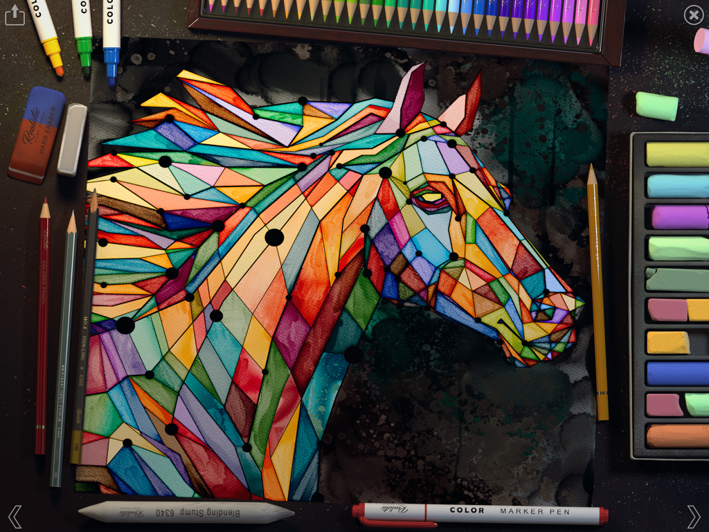 A colorful geometric horse painting in Realistic Paint Studio surrounded by realistic digital art tools.