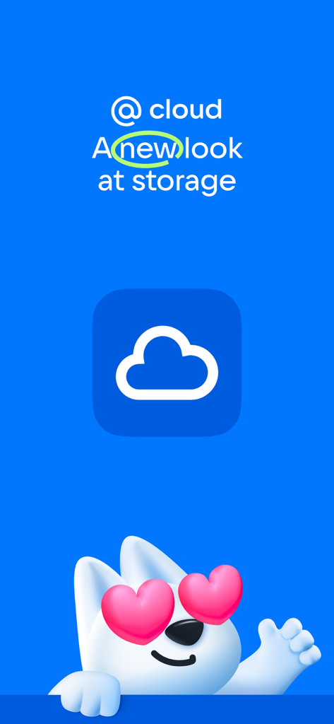 Cloud storage app splash screen with a white cloud icon and a cute mascot with heart eyes