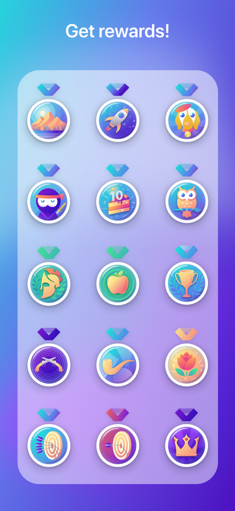 Art Quiz: paintings & artists - Uma coleção de insígnias de conquista coloridas e recompensas dentro da interface do aplicativo Art Quiz.