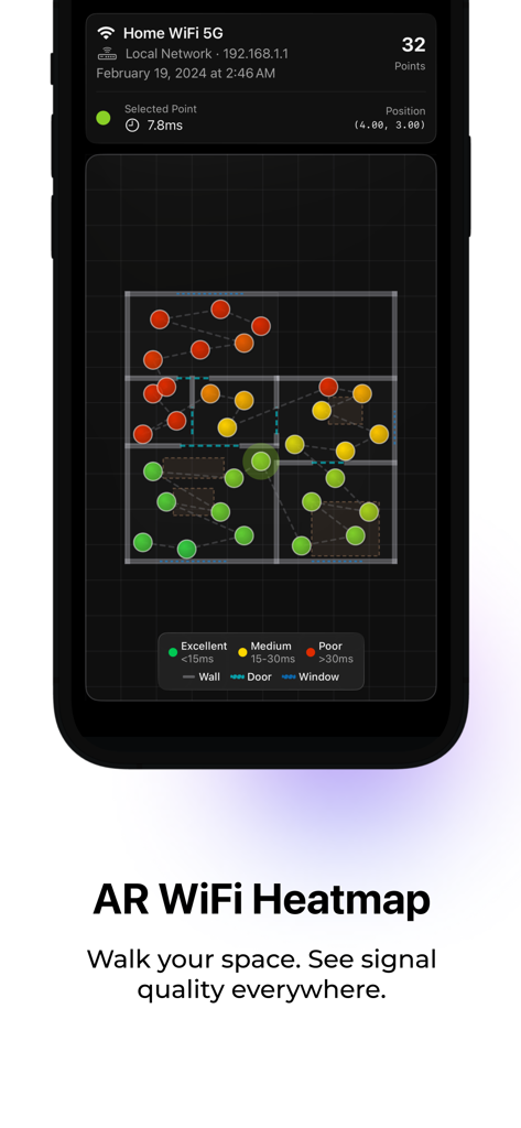 Internet Quality - AR-WLAN-Heatmap-Visualisierung, die die Signalqualität über einen Wohnungs-Grundriss zeigt