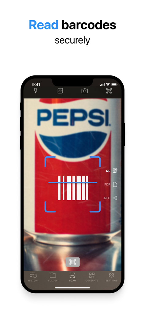Qr-Code Scanner & Creator App - Interfaz de la aplicación Escáner de Códigos QR escaneando un código de barras en una lata de Pepsi con el texto Lee códigos de barras de forma segura