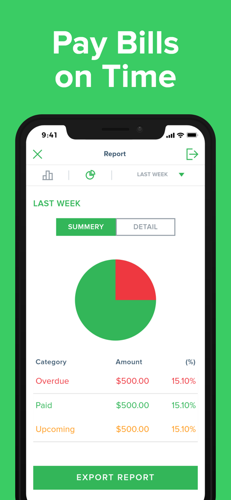 A mobile app screen showing a pie chart summary of overdue paid and upcoming bills with a button to export the report