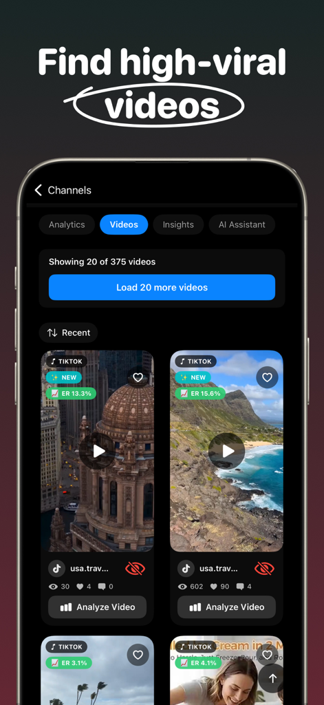 Trendsee: Go Viral - Trendsee app interface displaying trending TikTok videos with engagement rates and analytics