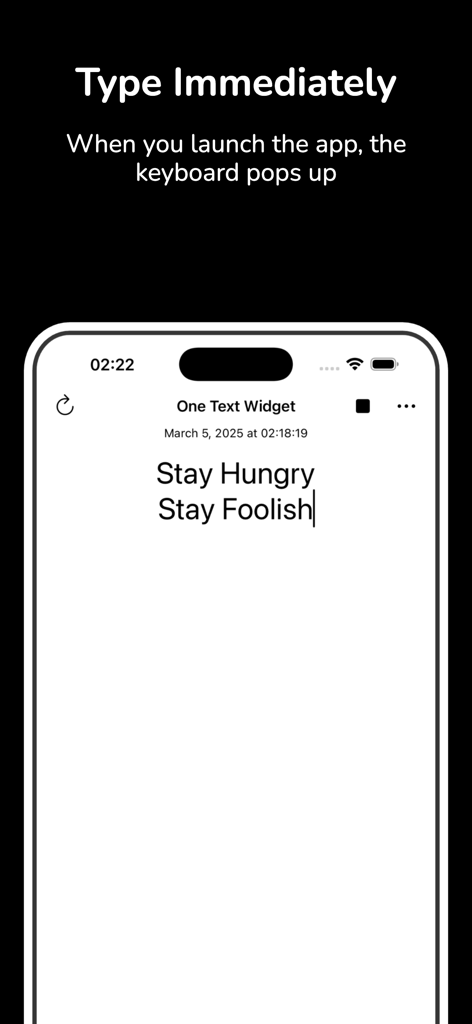 One Text Widget - La interfaz de One Text Widget muestra la función de escritura instantánea con un diseño minimalista y una cita motivacional.