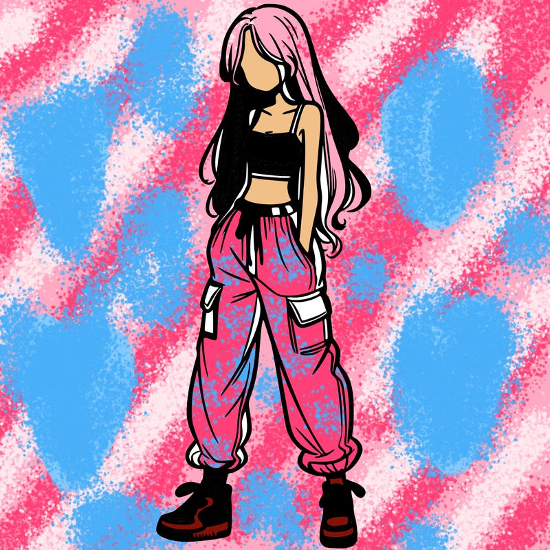 girl in baggy pants crop top and long hair